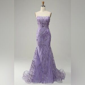 Spaghetti Straps Beaded Purple Mermaid Prom Dress